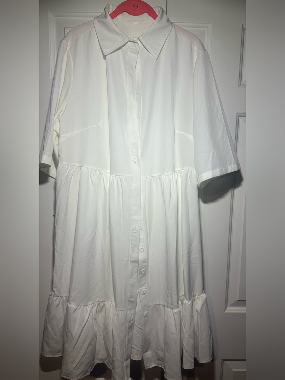 Button-Front White Ruffled Shirt Dress